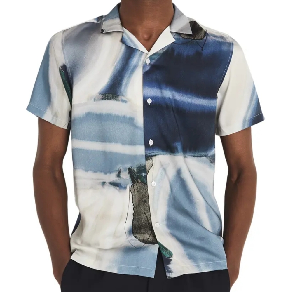Reiss Blue White Abstract Print Short Sleeve Button-Down Shirt